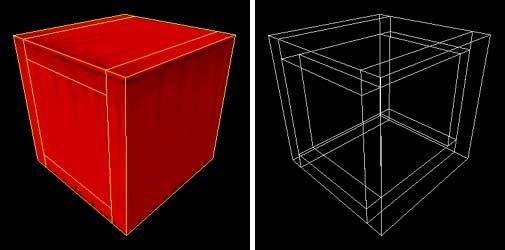 Применение Hollow. Куб разбился на 6 отдельных брашей (вид 3D wireframe)